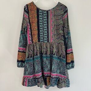 Blue & Pink Paisley Tiered Longsleeve Boho Dress